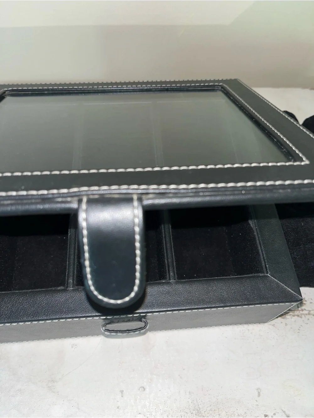 Black Leather Glass-Top Jewelry Organizer Box
